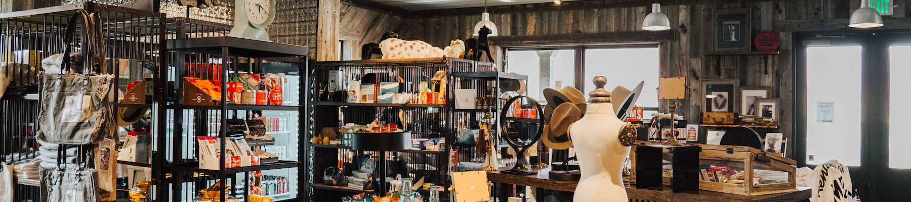 A cozy store interior with shelves of assorted goods, mannequins, and a rustic decor; warm lighting creates a welcoming atmosphere.