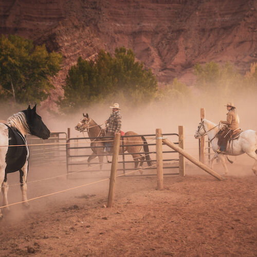 Two riders on horses moving through a dusty corral, with more horses nearby and a backdrop of reddish cliffs and trees.