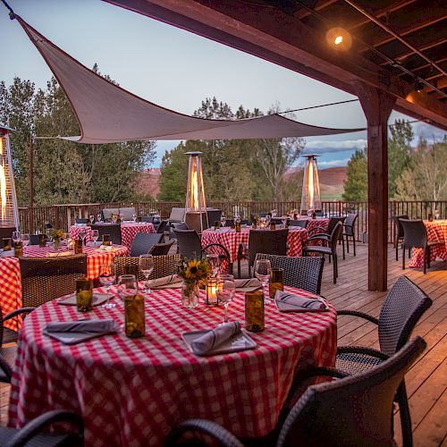An outdoor restaurant deck with red checkered tablecloths on tables, surrounded by chairs and outdoor heaters, under a canopy with trees in the background.