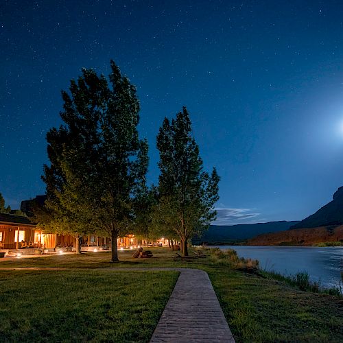 A serene nighttime scene with buildings, trees, and a river under a starry sky, illuminated by a bright moon, with a wooden path leading to the water.