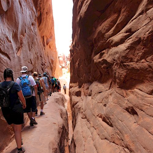 A group of hikers walking through a narrow slot canyon with towering red rock walls under bright sunlight.