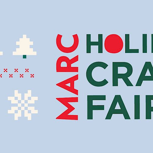 The image is an advertisement for the "MARC Holiday Craft Fair" with holiday-themed designs, including trees, snowflakes, and a festive color scheme.