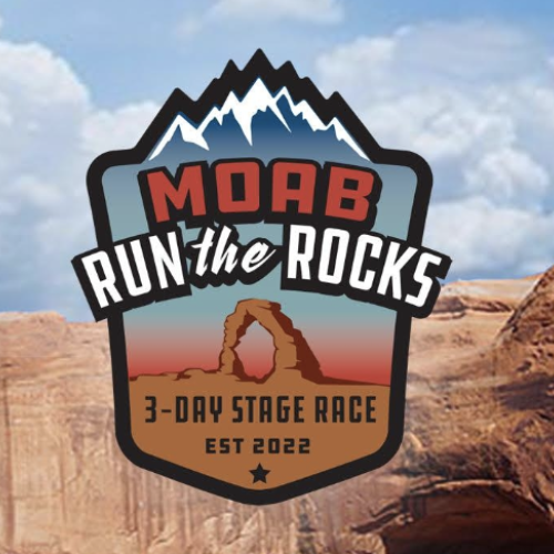 A logo for "MOAB Run the Rocks" 3-day stage race, EST 2022, featuring a mountain and rock arch silhouette against a desert background.